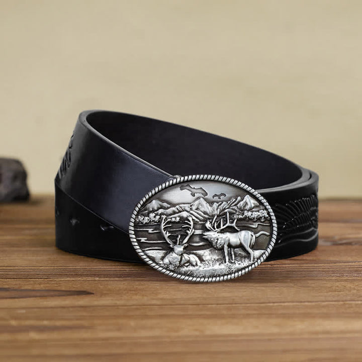 Men's DIY Wildlife Deers Western Style Buckle Leather Belt