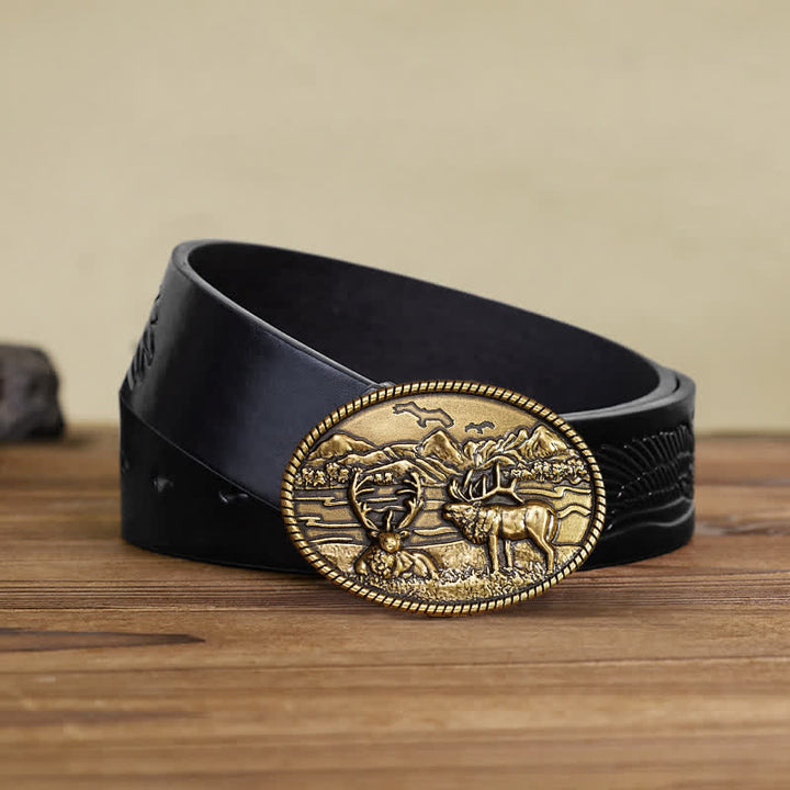 Men's DIY Wildlife Deers Western Style Buckle Leather Belt