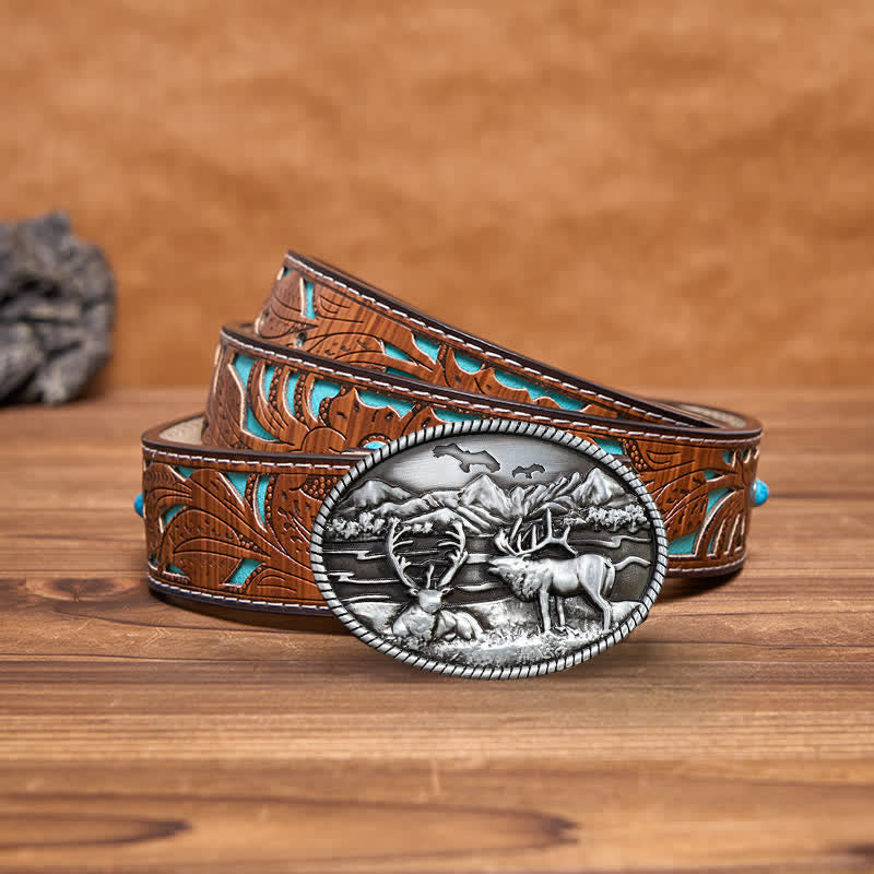 Men's DIY Wildlife Deers Western Style Buckle Leather Belt