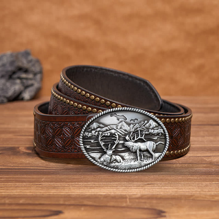 Men's DIY Wildlife Deers Western Style Buckle Leather Belt