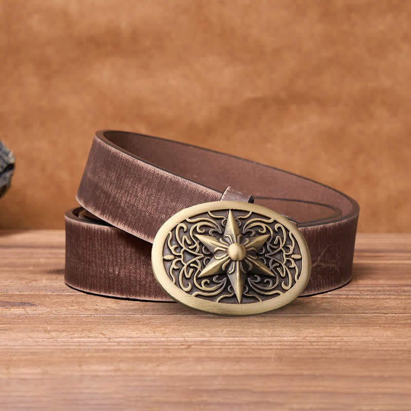 Men's DIY Solid Brass Hexagram Star Buckle Leather Belt