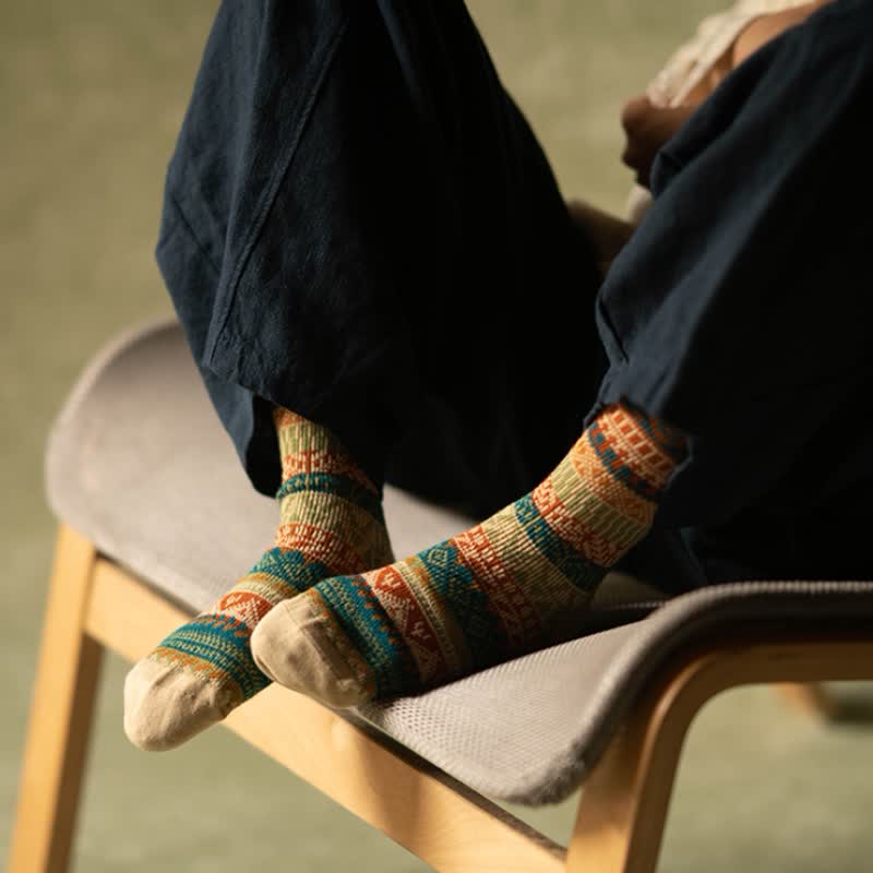 Vibrant Color Ethnic Style Retro Cotton Crew Socks