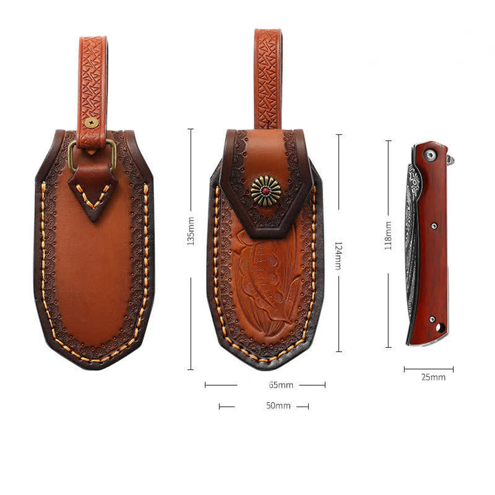 Leaves Embossing Pattern Folding Knife Sheath Leather Belt Bag