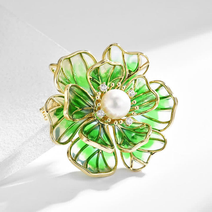 Women's Green Peony Gold Plated Enamel Brooch