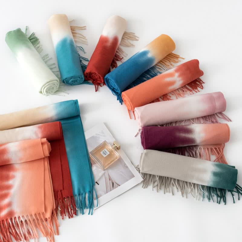 Unisex Gradient Color Fringe Faux Cashmere Scarf