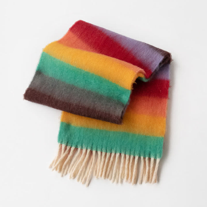 Unisex Rainbow Contrast Color Tassels Mohair Scarf