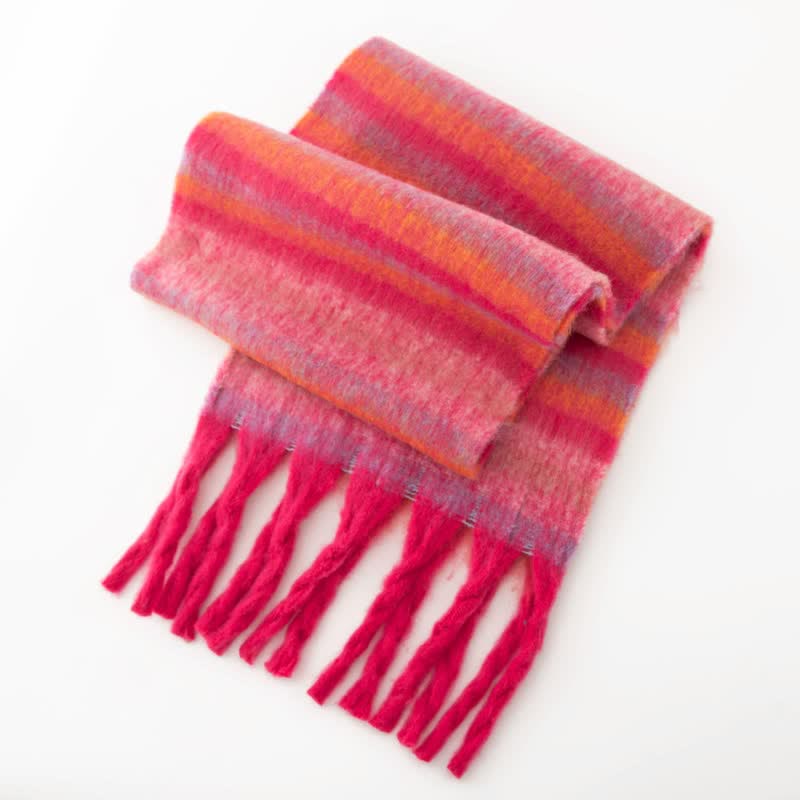 Unisex Rainbow Contrast Color Tassels Mohair Scarf