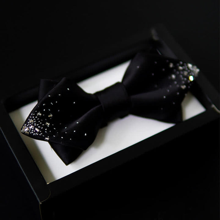 Men's Black Silver Wire Double Layers Pointy Bow Tie