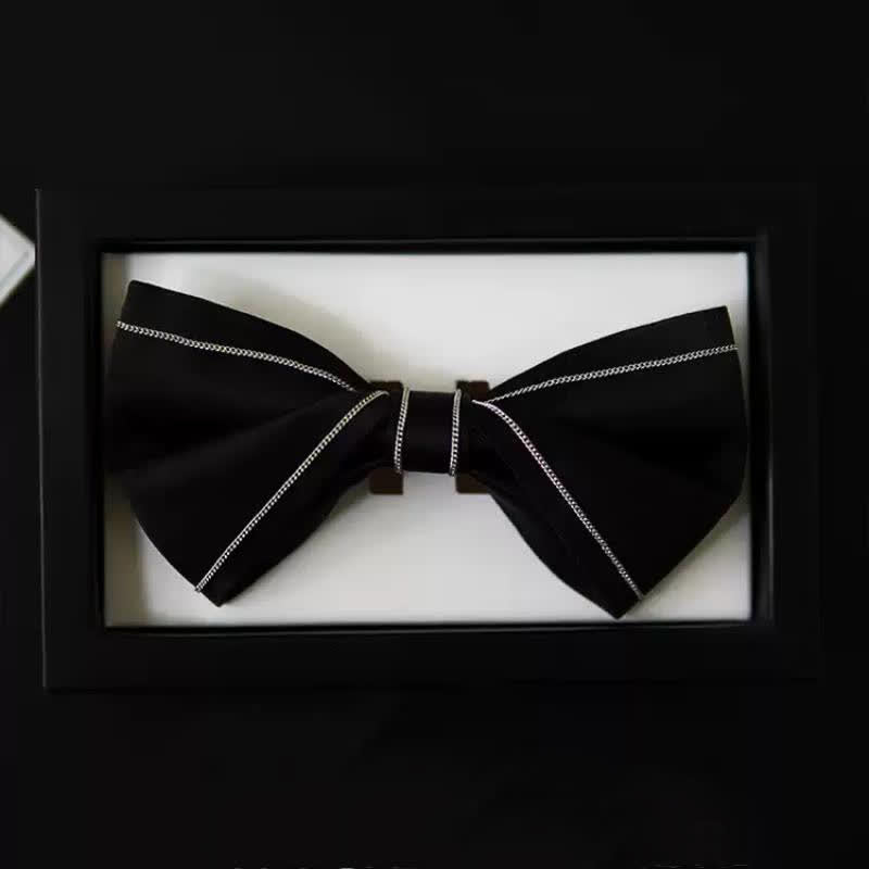 Men's Silver Accents Chain Solid Black Bow Tie