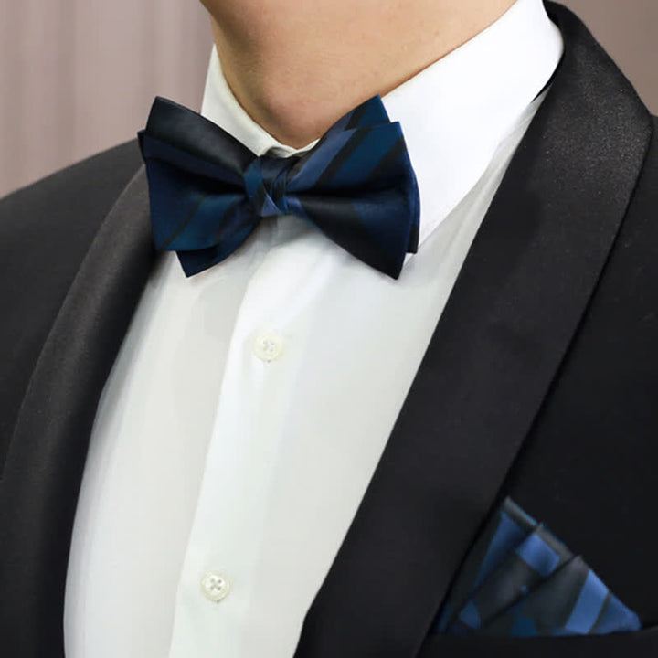 Men's Noble Navy SteelBlue Striped Pattern Bow Tie - Style #3 - Bow Tie & Pocket Square - image 0