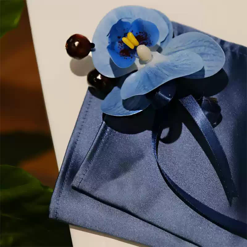 3Pcs Men's Blue Phalaenopsis Brooch Handkerchief Fishtail Bow Tie Set