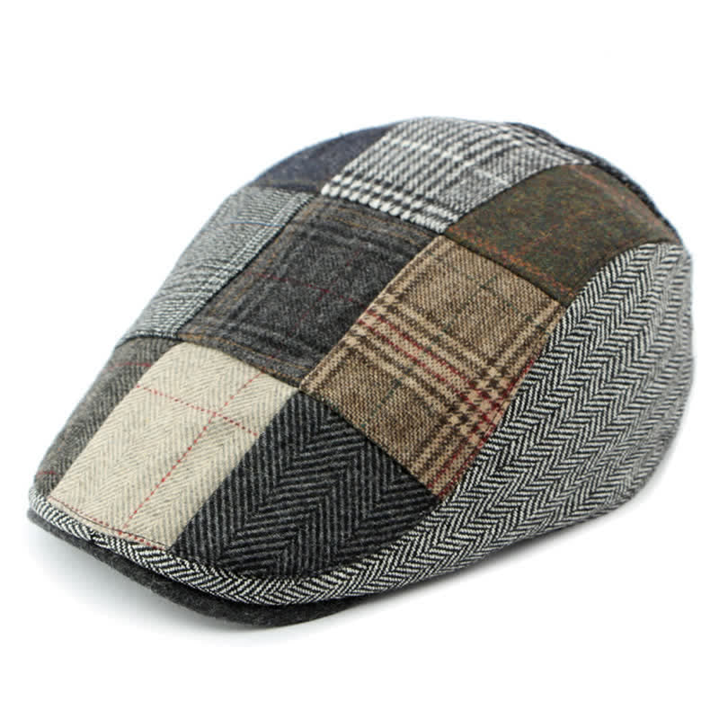 Retro Patchwork Plaid Herringbone Beret Hat