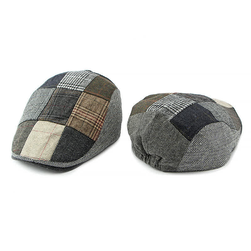 Retro Patchwork Plaid Herringbone Beret Hat