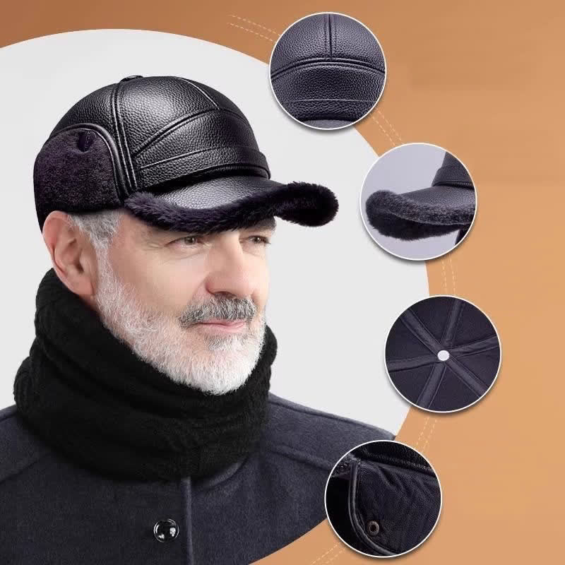 PU Leather Fleece Earflaps Baseball Hat