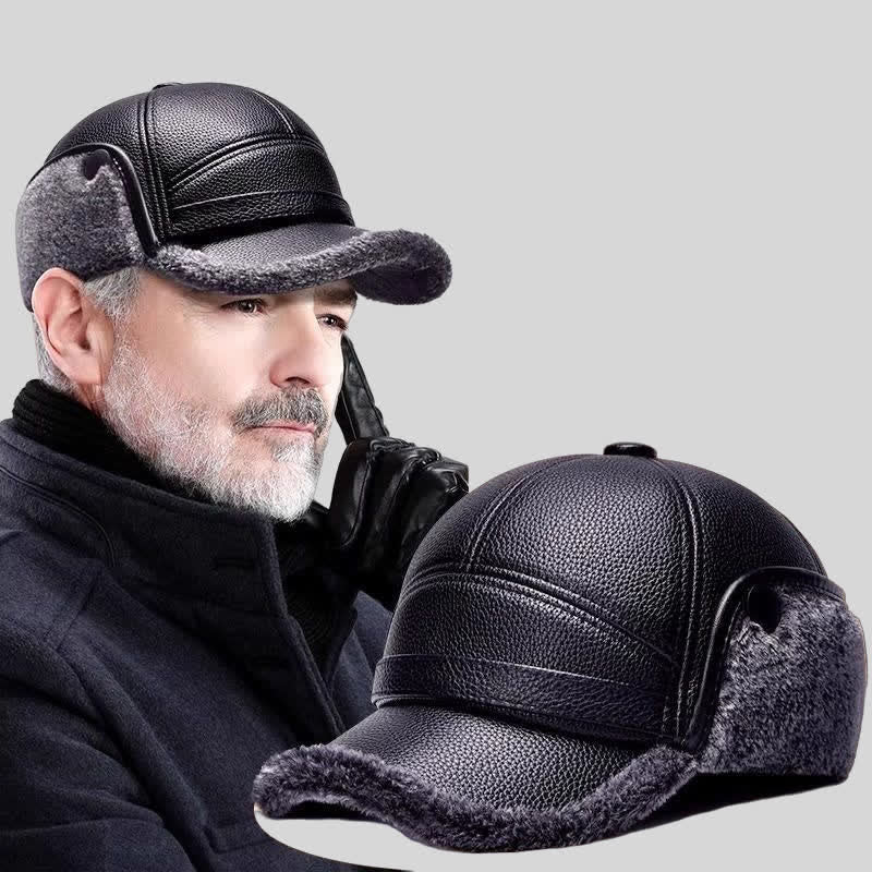 PU Leather Fleece Earflaps Baseball Hat