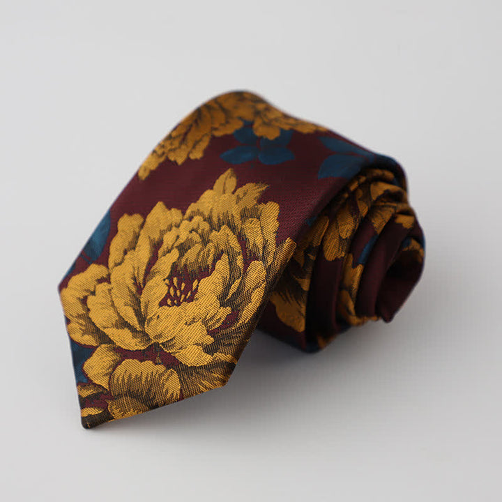 Men's Burgundy & Gold Chrysanthemum Floral Necktie