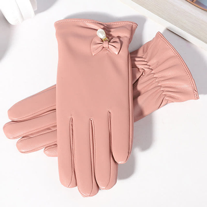 Women's Winter Velvet Pearl Leather Gloves