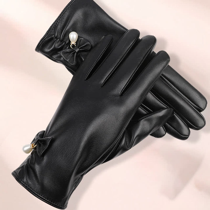 Women's Winter Velvet Pearl Leather Gloves