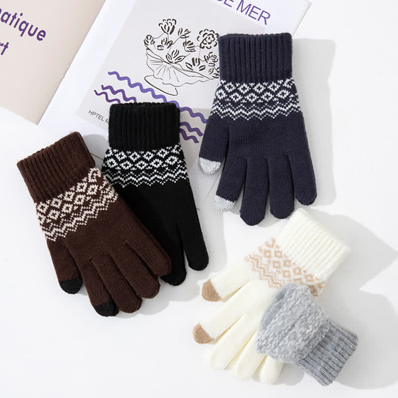 Wave Print Touch Screen Warm Plus Velvet Knitted Gloves