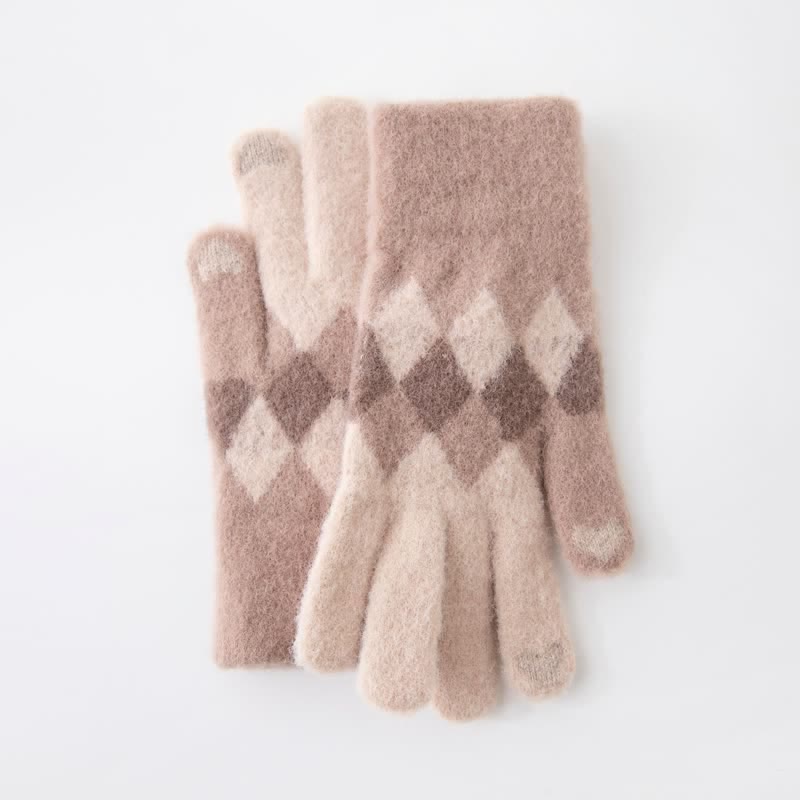 Colorful Diamond Pattern Warm Plush Knitted Gloves