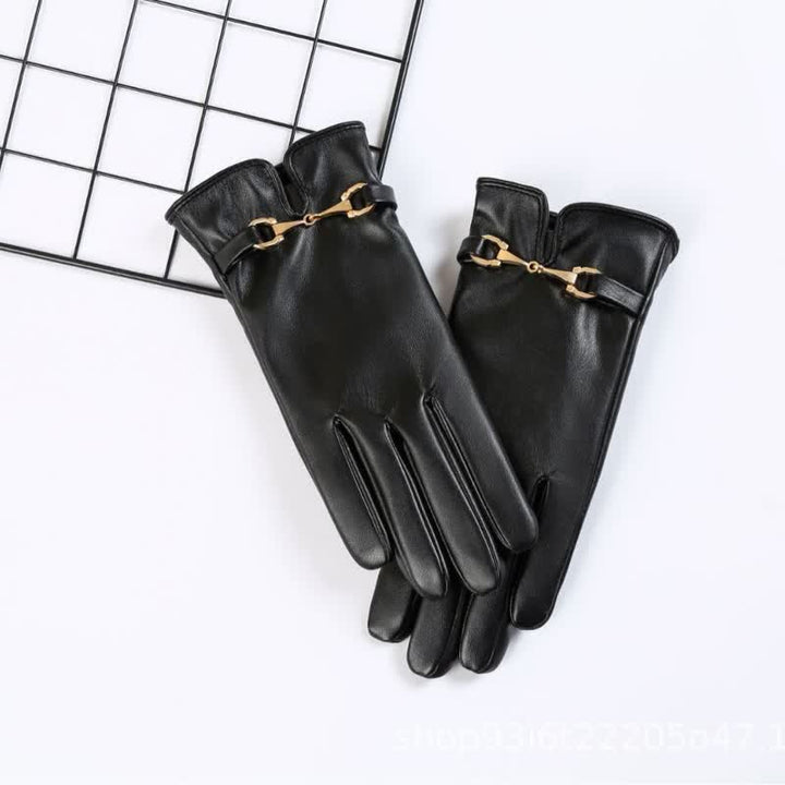 Women's Metal Decor Warm Velvet PU Leather Gloves