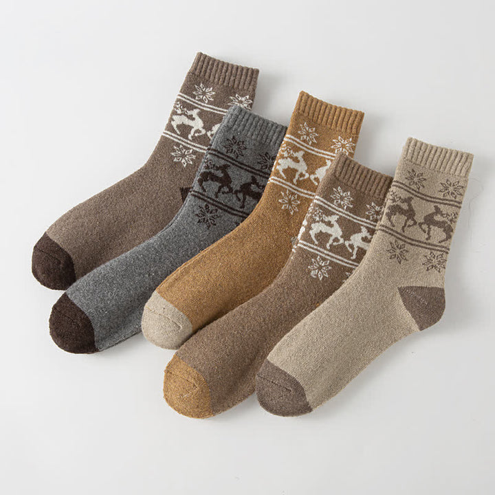 5 Pairs of Snowflake Elk Print Cotton Crew Socks