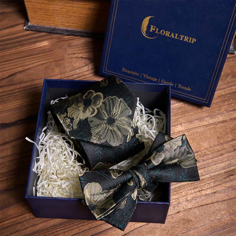 Night Dark Green Floral Necktie & Bow Tie Bundle Set