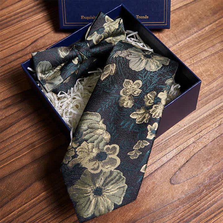 Night Dark Green Floral Necktie & Bow Tie Bundle Set