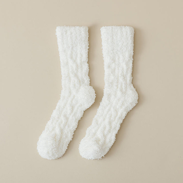 Solid Color Twisted Fuzzy Coral Fleece Sleep Crew Socks