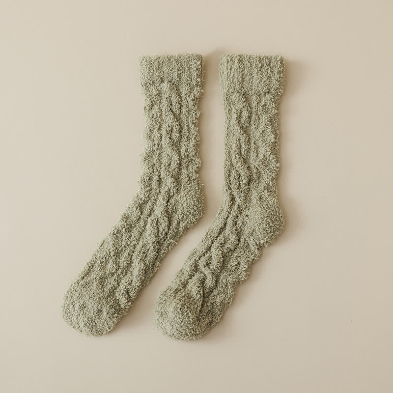 Solid Color Twisted Fuzzy Coral Fleece Sleep Crew Socks