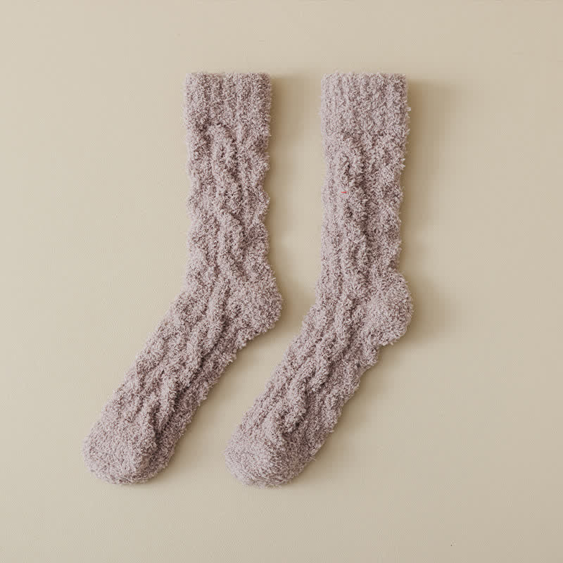Solid Color Twisted Fuzzy Coral Fleece Sleep Crew Socks