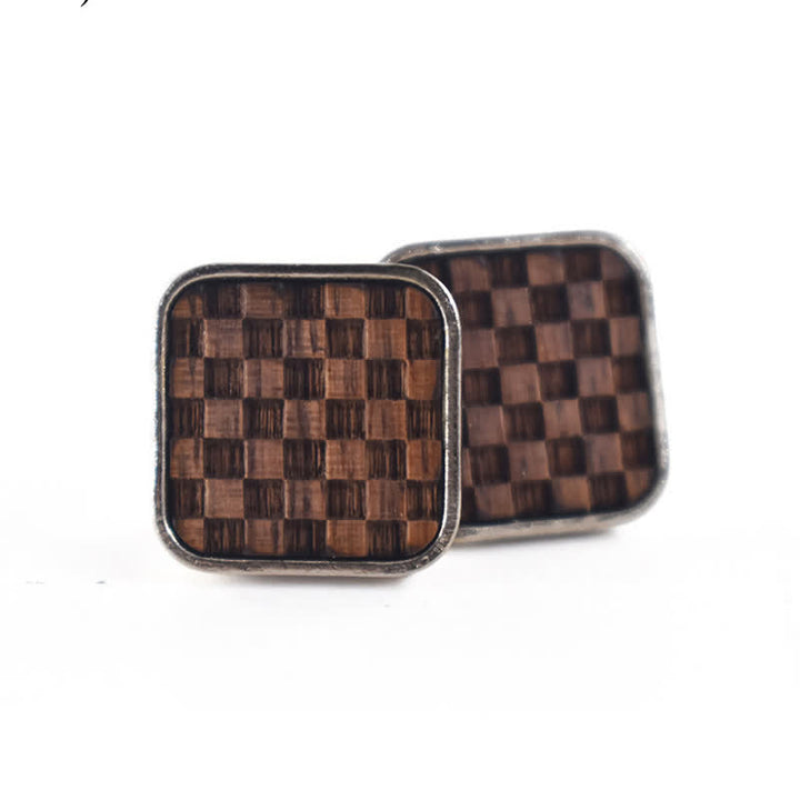 Men's Darkened Small Checkerboard Squares Wooden Cufflinks