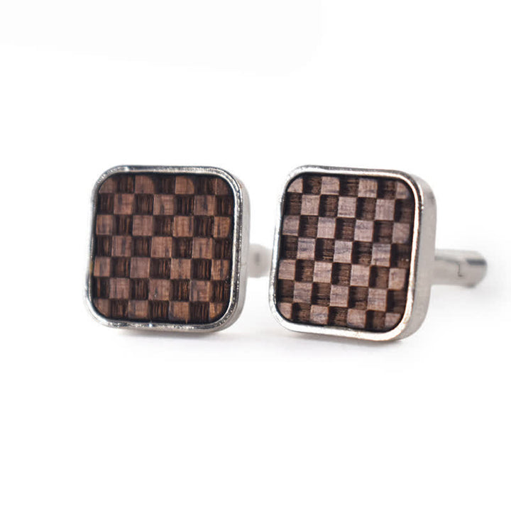 Men's Darkened Small Checkerboard Squares Wooden Cufflinks