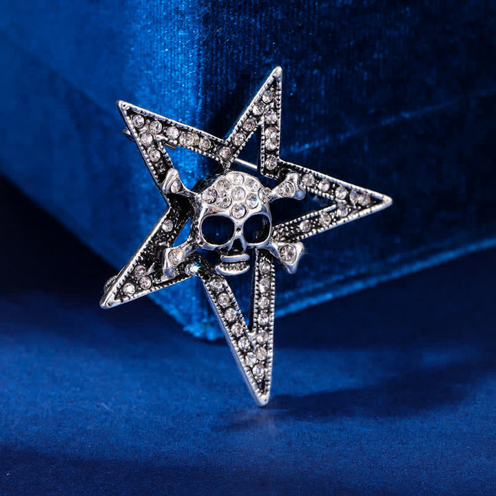 Pentagram Skull Bone Rhinestone Brooch