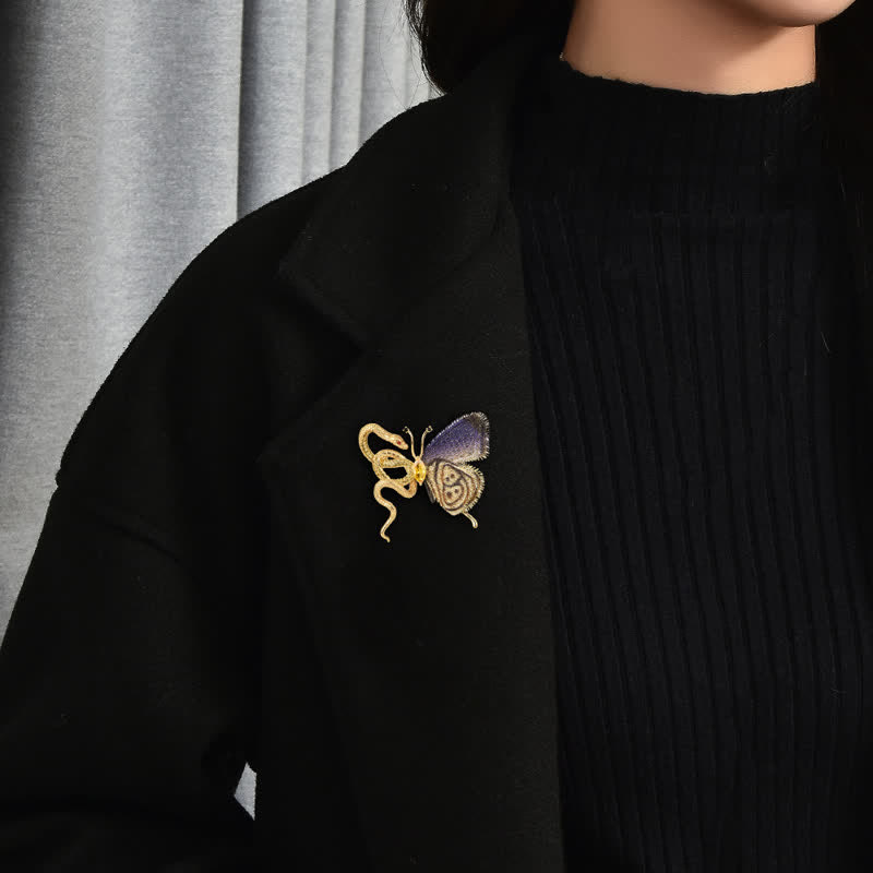 Women's Purple Embroidery Butterfly & Gold Snake Brooch