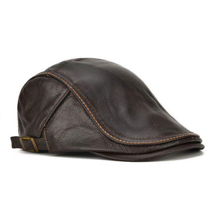 Peaked Cabbie Flat Cap Genuine Leather Beret Hat