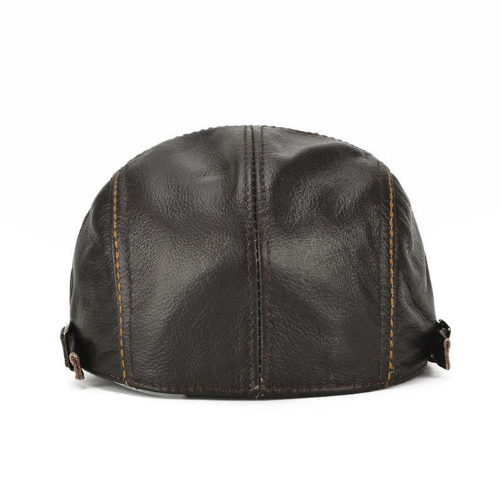 Peaked Cabbie Flat Cap Genuine Leather Beret Hat