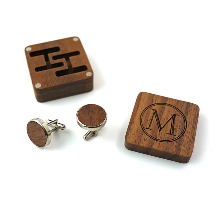 Men's Personalized Letter Engrave Box Wooden Cufflinks