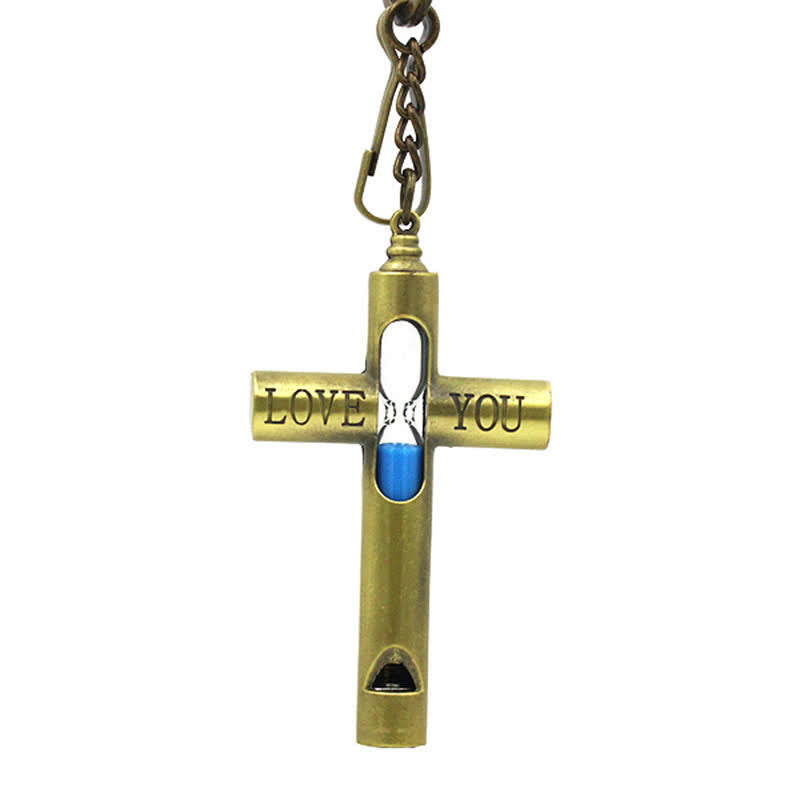 ''Love you'' Timeless Hourglass Cross Whistle Keychain