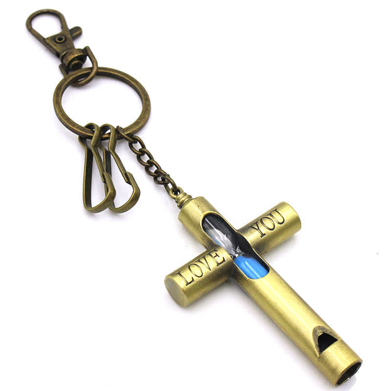 ''Love you'' Timeless Hourglass Cross Whistle Keychain - Blue - image 0