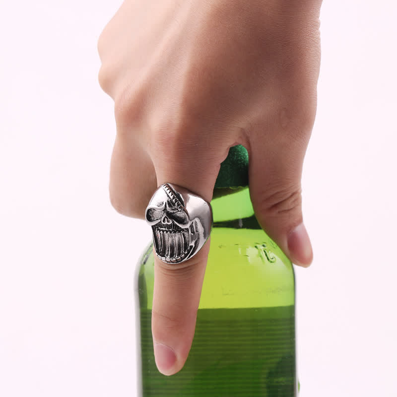 Gothic Laughing Skull Head Bottle Opener Ring