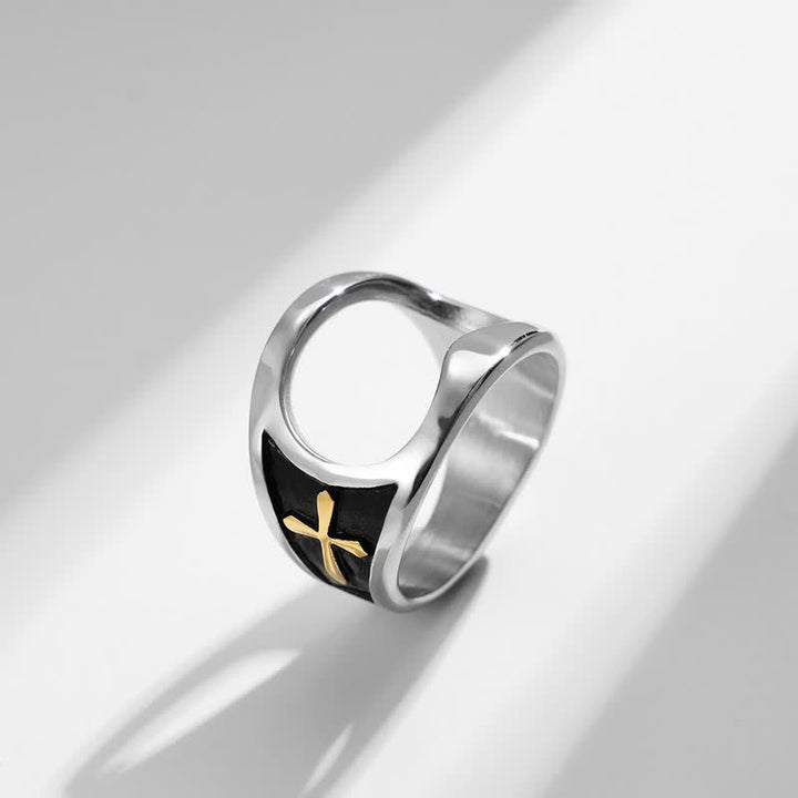 Functional Relief Cross Bottle Opener Ring