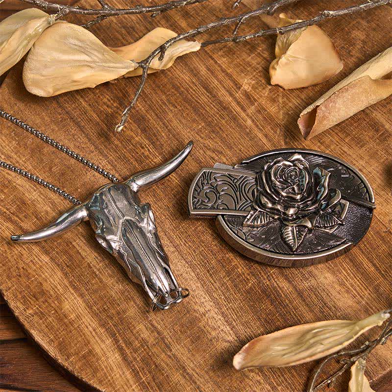 Rose DIY Hidden Knife Belt Buckle Longhorn Pendant Goat Ring Bundle Set  - image 1