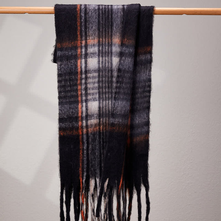 Unisex Classic Tassel Plaid Warm Scarf - Black - image 12