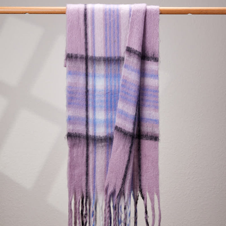 Unisex Classic Tassel Plaid Warm Scarf - Violet - image 8