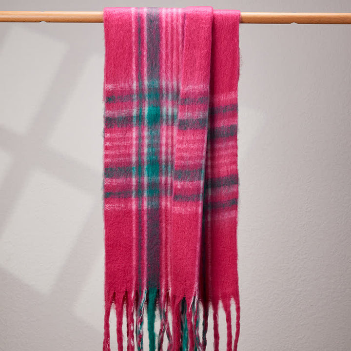 Unisex Classic Tassel Plaid Warm Scarf - Hot Pink - image 10