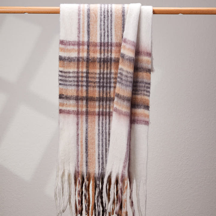 Unisex Classic Tassel Plaid Warm Scarf - White - image 13