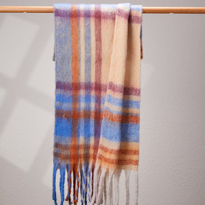 Unisex Classic Tassel Plaid Warm Scarf - Blue & Ivory - image 2