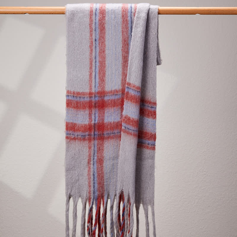 Unisex Classic Tassel Plaid Warm Scarf - Gray - image 9