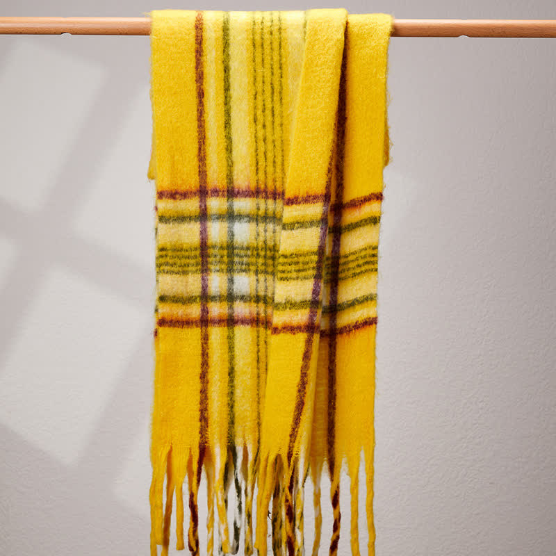 Unisex Classic Tassel Plaid Warm Scarf - Yellow - image 11